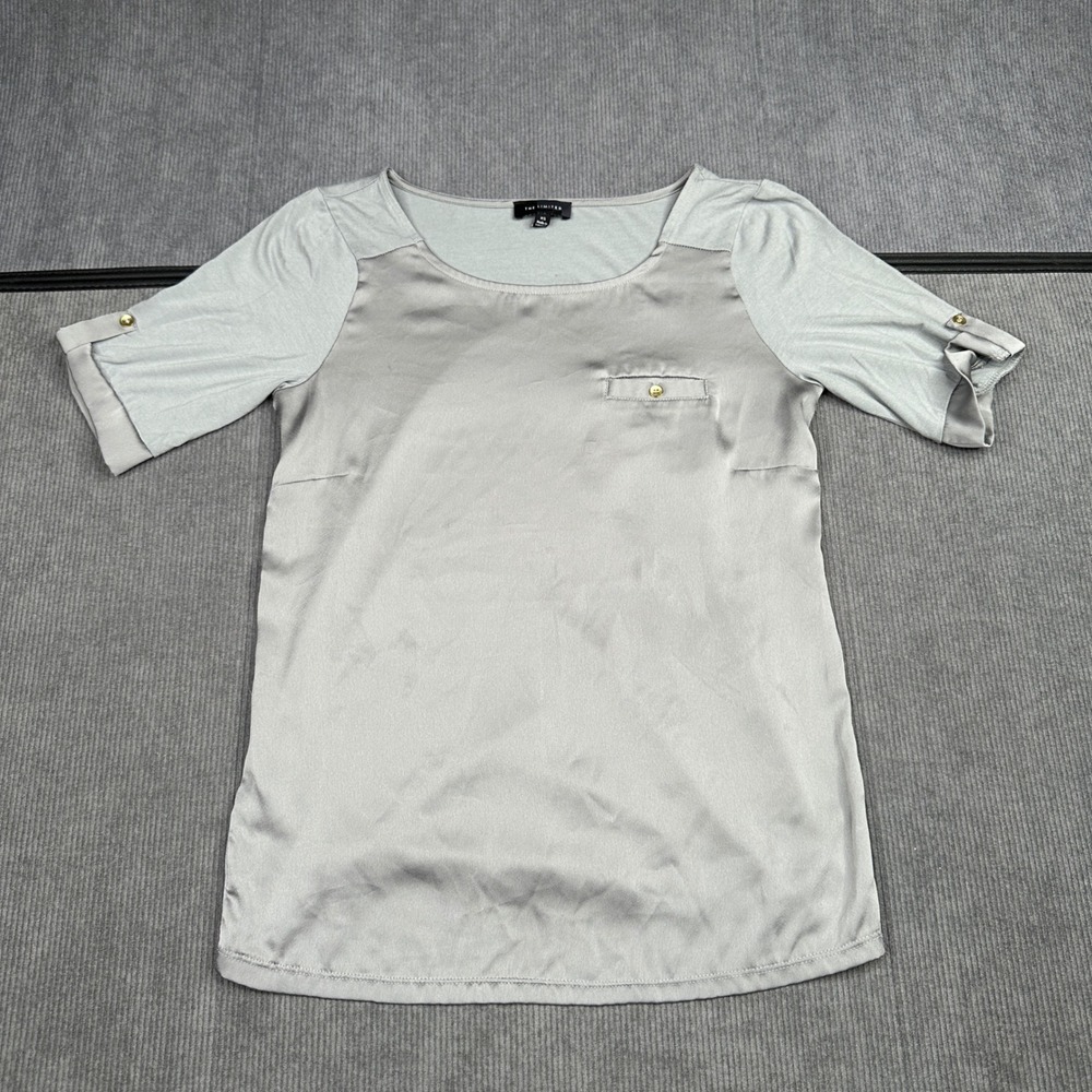 The Limited Sage Grey Mixed Media Satin Front Short Sleeve yk2 Top XS Vtg